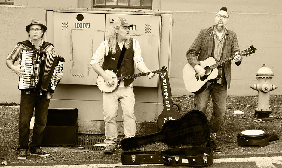 South Sound Tug & Barge live at the Seattle Folklife Festival May 2016 (i. to r. Charley Rowan, Steve Duda, Scott M.X. Turner)